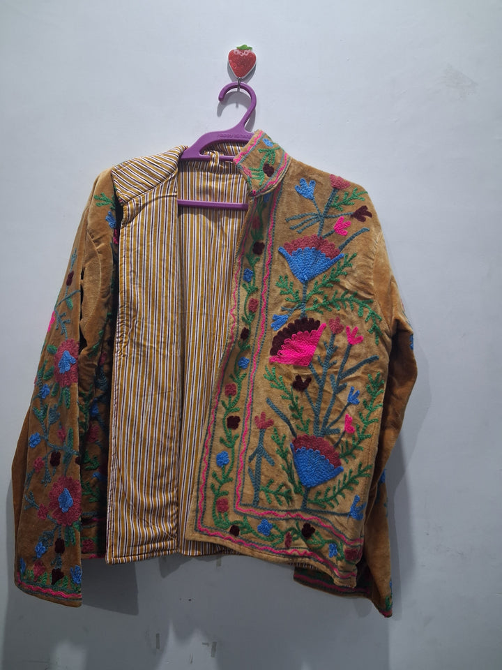 Vintage Style Mustard Yellow Velvet Suzani Jacket