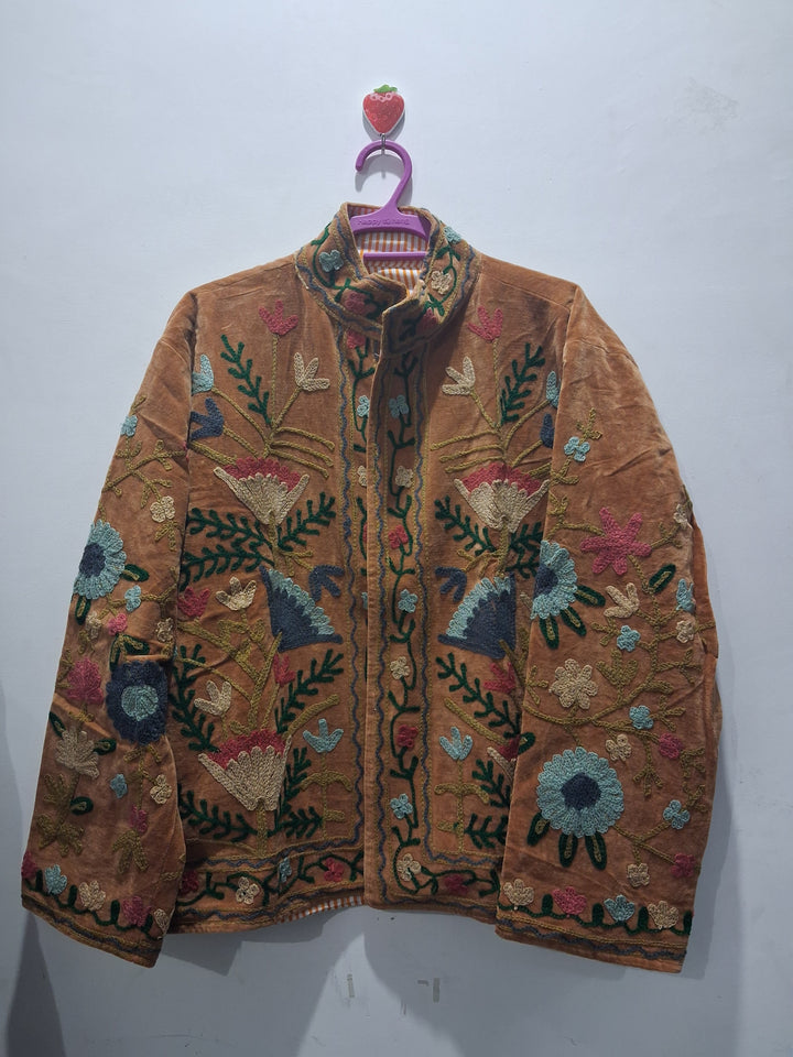 Vintage Style Light Brown Velvet Suzani Jacket