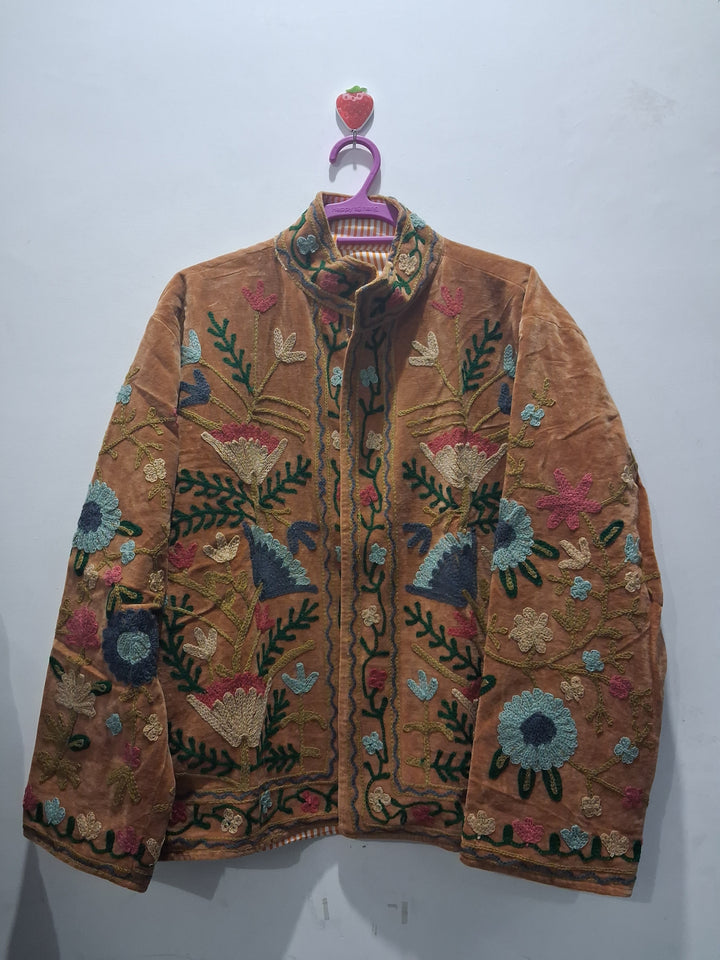 Vintage Style Light Brown Velvet Suzani Jacket