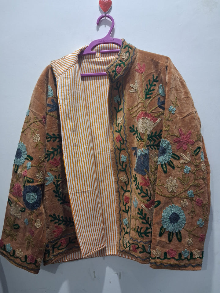 Vintage Style Light Brown Velvet Suzani Jacket