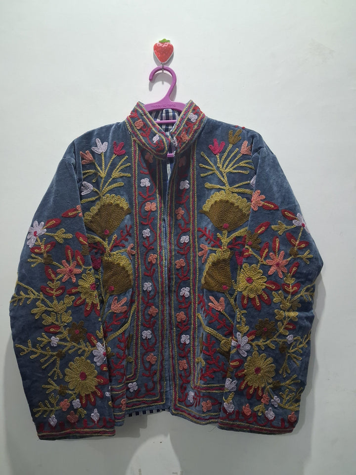 Vintage Style Slate Blue Velvet Suzani Jacket