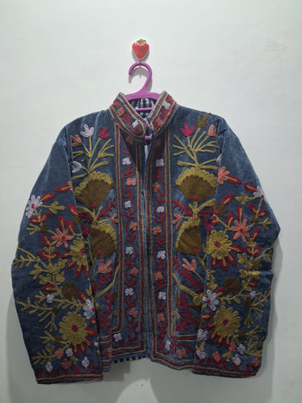 Vintage Style Slate Blue Velvet Suzani Jacket