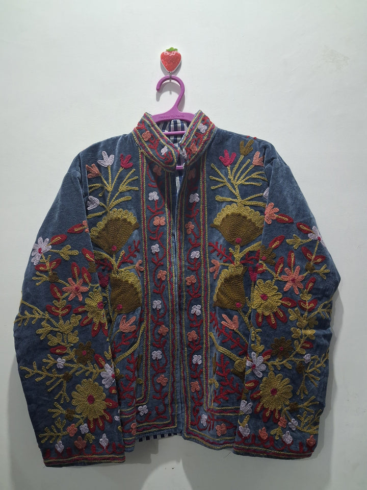 Vintage Style Slate Blue Velvet Suzani Jacket