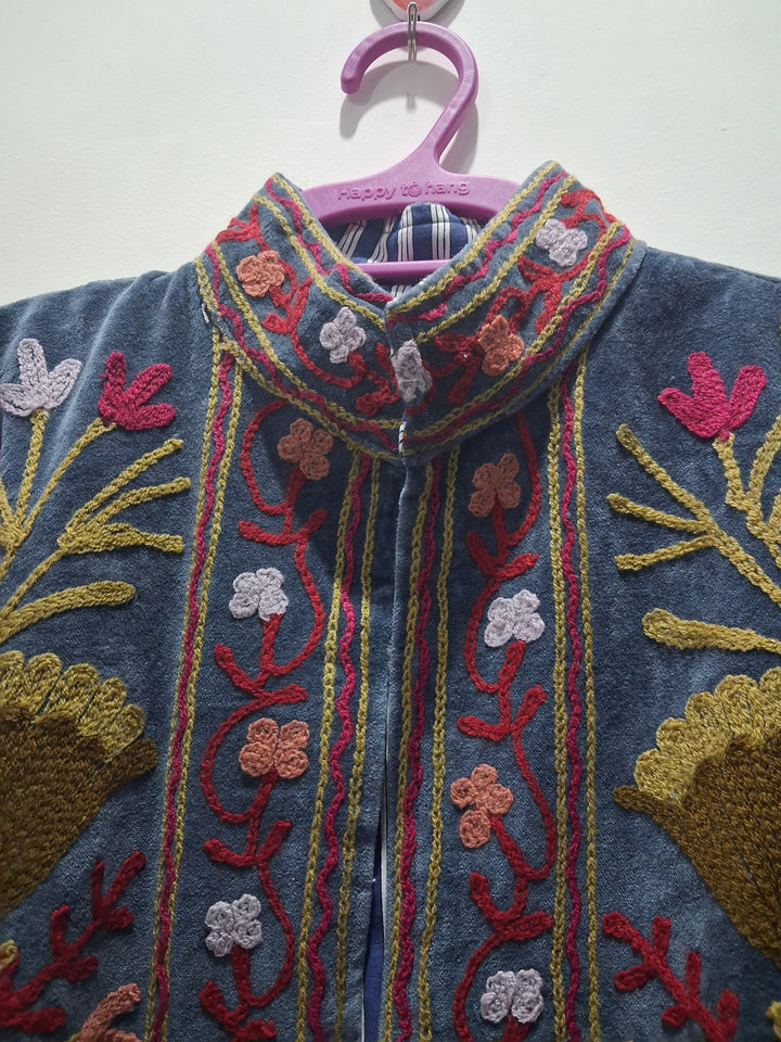 Vintage Style Slate Blue Velvet Suzani Jacket