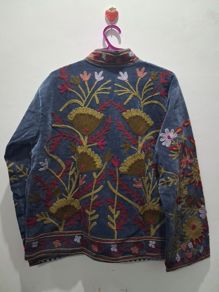 Vintage Style Slate Blue Velvet Suzani Jacket