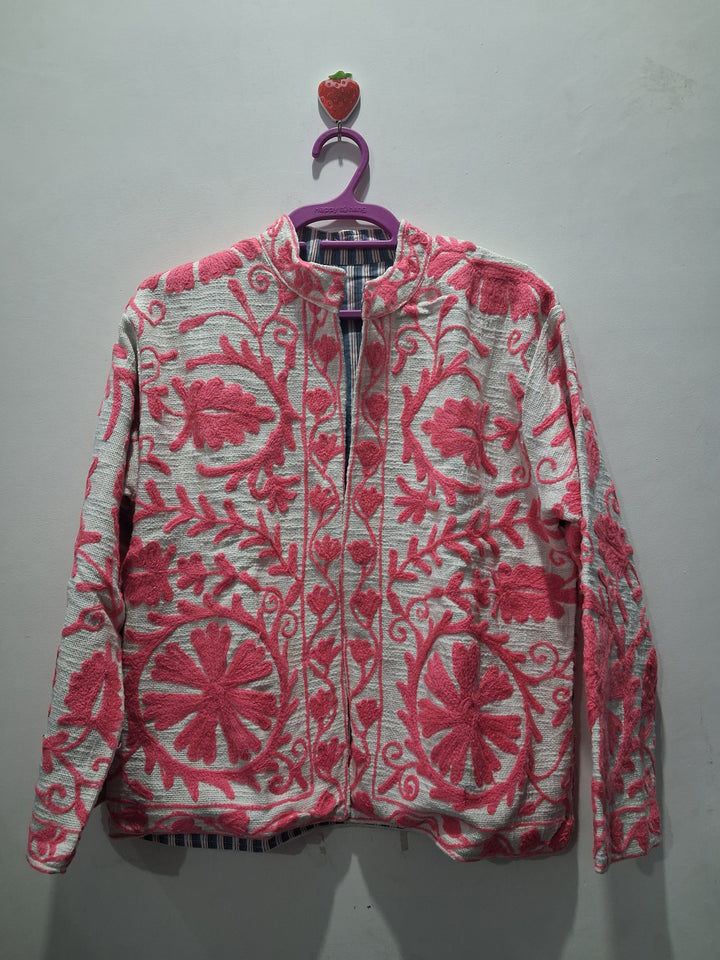 Hand Embroidered Off-White & Pink TNT Textured Jacket