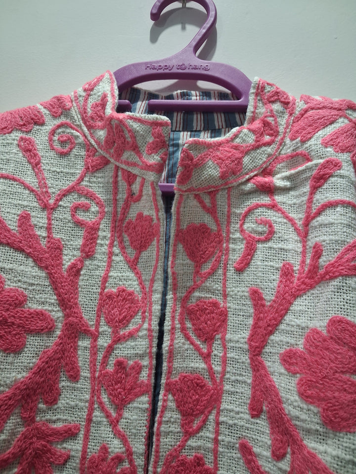Hand Embroidered Off-White & Pink TNT Textured Jacket