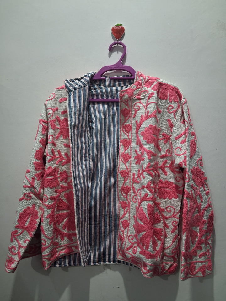Hand Embroidered Off-White & Pink TNT Textured Jacket