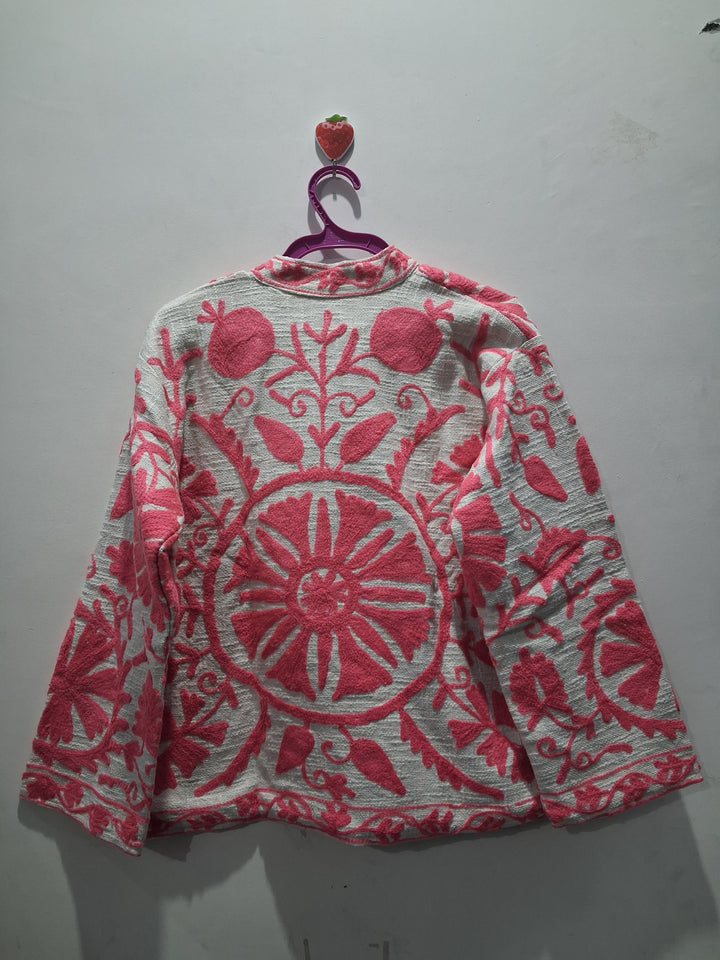 Hand Embroidered Off-White & Pink TNT Textured Jacket