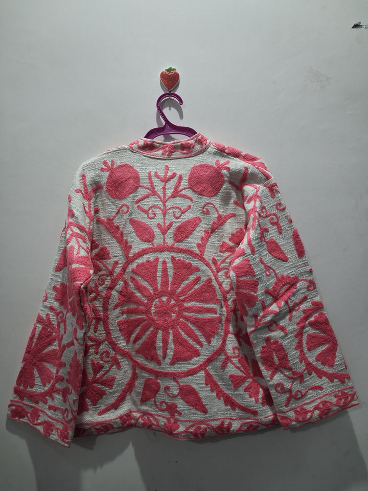 Hand Embroidered Off-White & Pink TNT Textured Jacket
