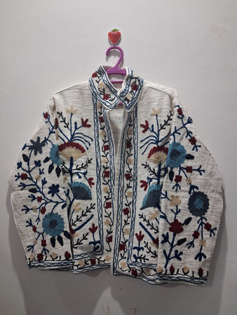 Hand Embroidered Cream White TNT Textured Jacket