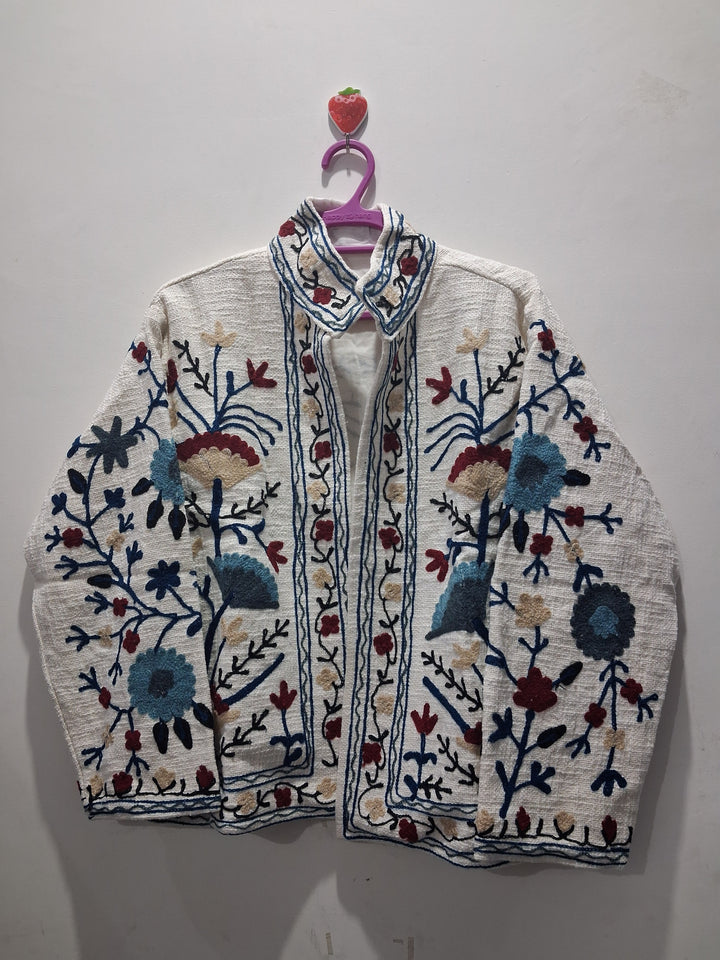 Hand Embroidered Cream White TNT Textured Jacket