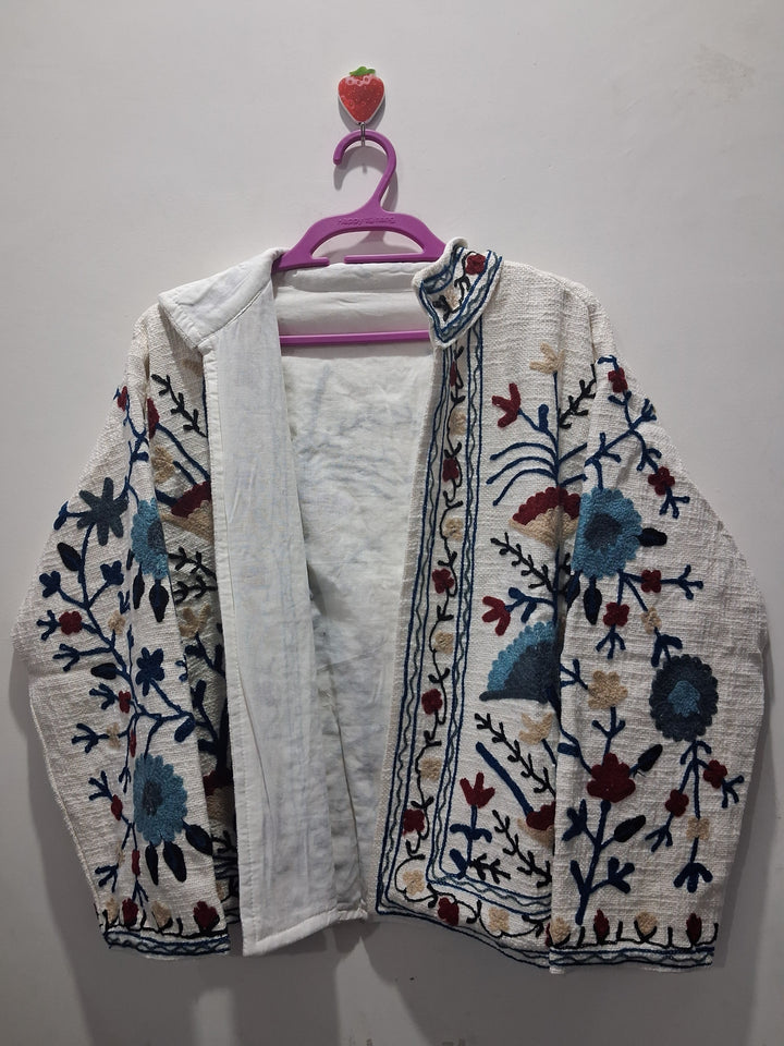 Hand Embroidered Cream White TNT Textured Jacket