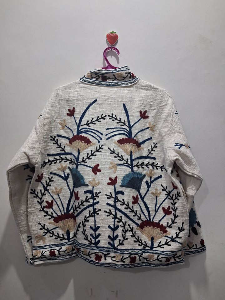 Hand Embroidered Cream White TNT Textured Jacket