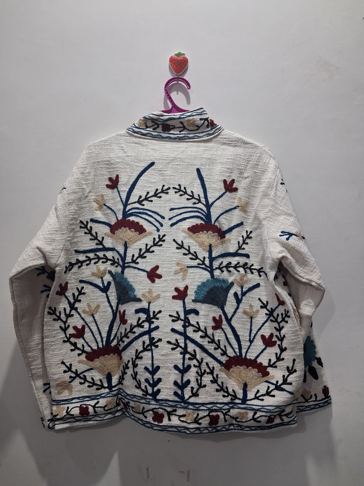 Hand Embroidered Cream White TNT Textured Jacket