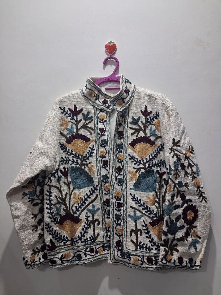 Hand Embroidered Cream White TNT Textured Jacket