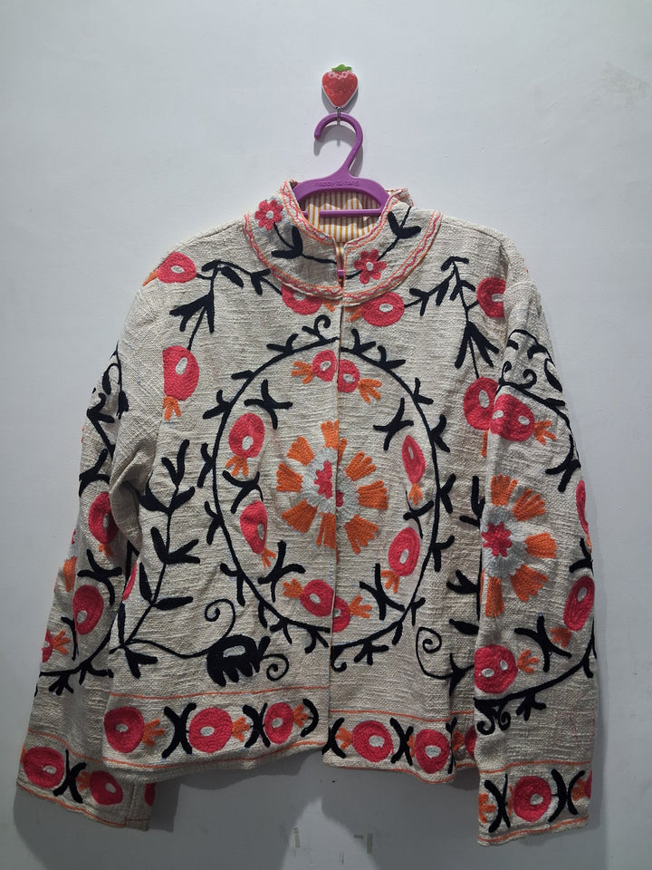 Handcrafted Off-White Suzani Embroidered TNT Cotton Jacket