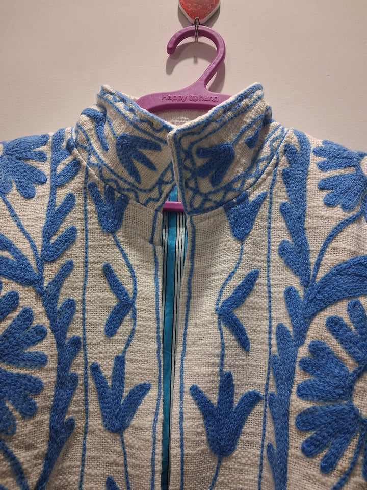 Hand Embroidered Off-White & Blue TNT Textured Jacket