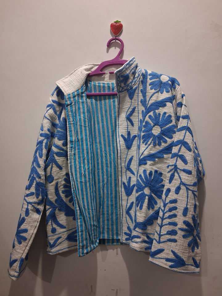 Hand Embroidered Off-White & Blue TNT Textured Jacket