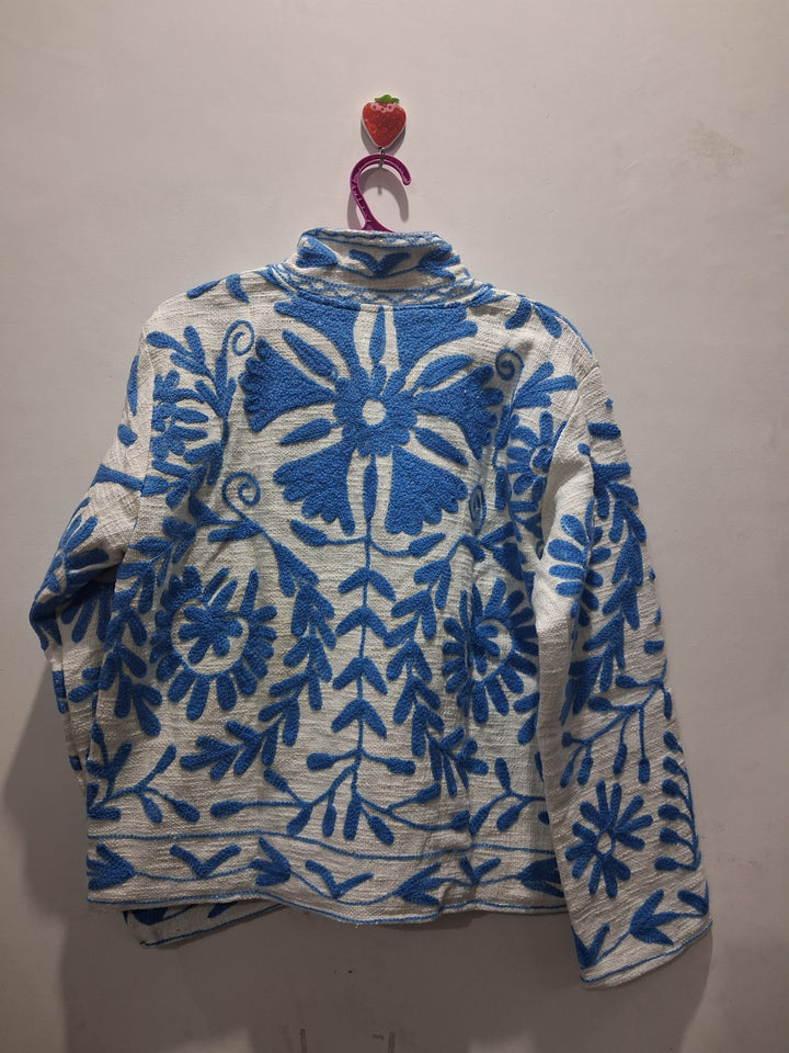 Hand Embroidered Off-White & Blue TNT Textured Jacket