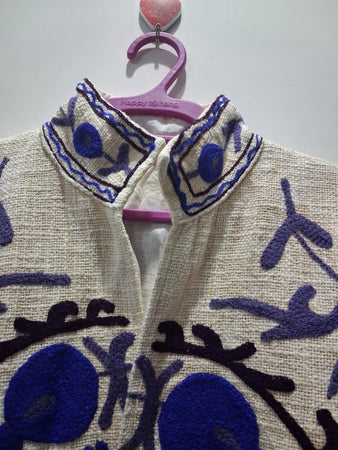 Handcrafted Cream & Blue Suzani Embroidered TNT Jacket