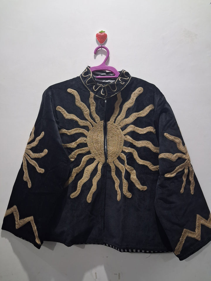Handcrafted Black Velvet Gold Sun Suzani Embroidered Jacket