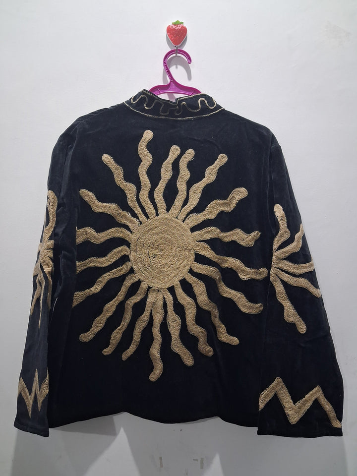 Handcrafted Black Velvet Gold Sun Suzani Embroidered Jacket
