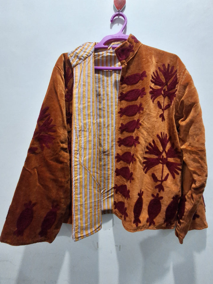 Bohemian Mustard Yellow Velvet Floral Embroidered Jacket