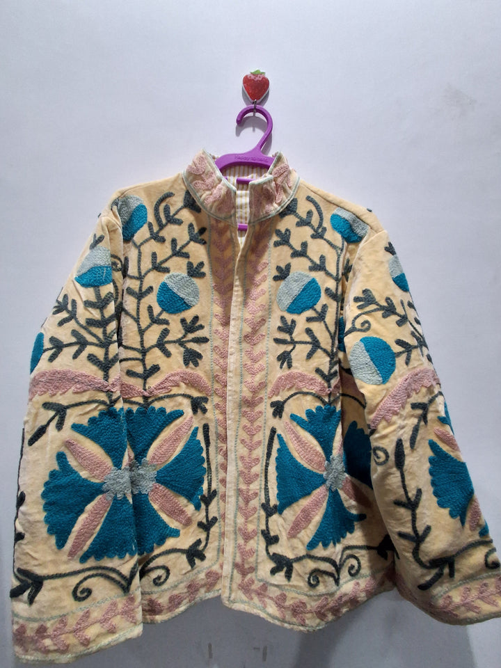 Custom Handmade Cream Velvet Suzani Embroidered Jacket