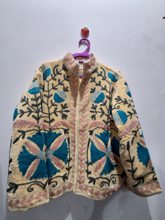 Custom Handmade Cream Velvet Suzani Embroidered Jacket