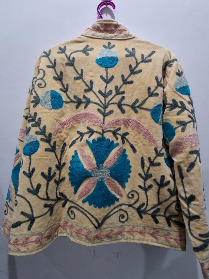 Custom Handmade Cream Velvet Suzani Embroidered Jacket