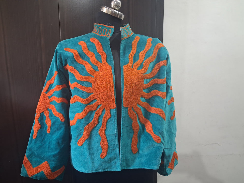 Handcrafted Turquoise & Orange Velvet Sun Embroidered Jacket