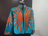 Handcrafted Turquoise & Orange Velvet Sun Embroidered Jacket
