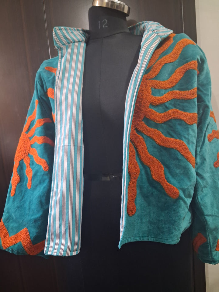 Handcrafted Turquoise & Orange Velvet Sun Embroidered Jacket