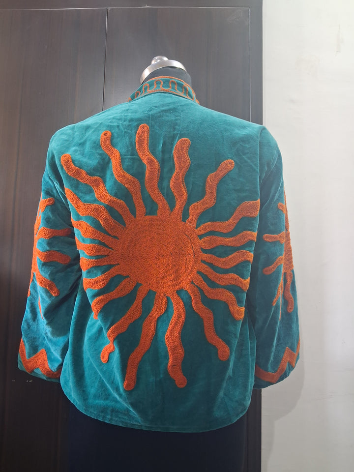 Handcrafted Turquoise & Orange Velvet Sun Embroidered Jacket