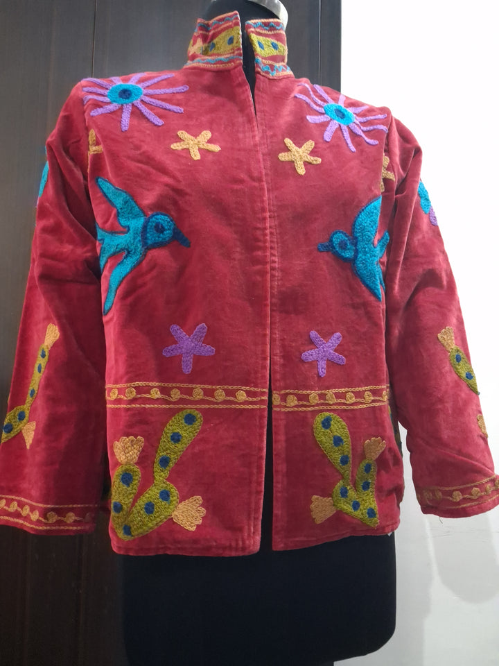 Handcrafted Red Velvet Bird Suzani Embroidered Jacket