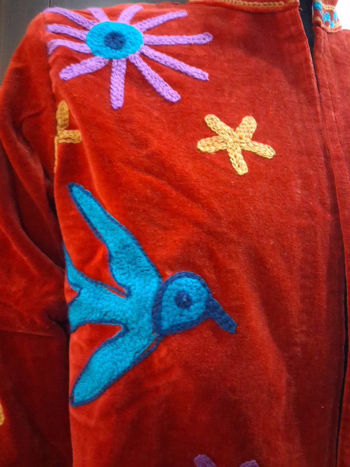 Handcrafted Red Velvet Bird Suzani Embroidered Jacket