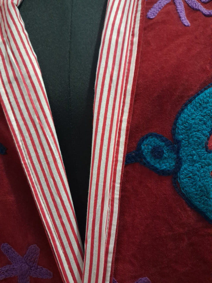 Handcrafted Red Velvet Bird Suzani Embroidered Jacket