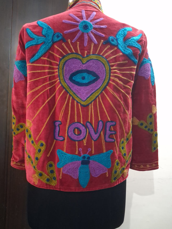 Handcrafted Red Velvet Bird Suzani Embroidered Jacket