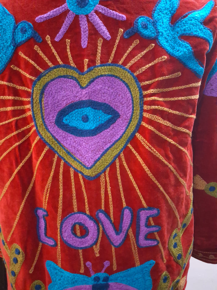 Handcrafted Red Velvet Bird Suzani Embroidered Jacket