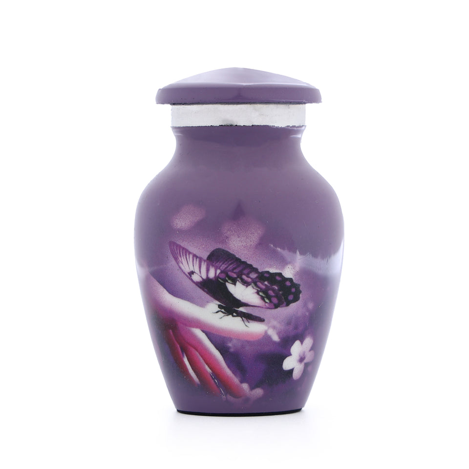 Hand Engraved Small Decorative Brass Urn with Lid – 3" Mini Keepsake Urn (Purple Butterfly)