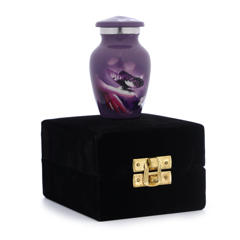 Hand Engraved Small Decorative Brass Urn with Lid – 3" Mini Keepsake Urn (Purple Butterfly)