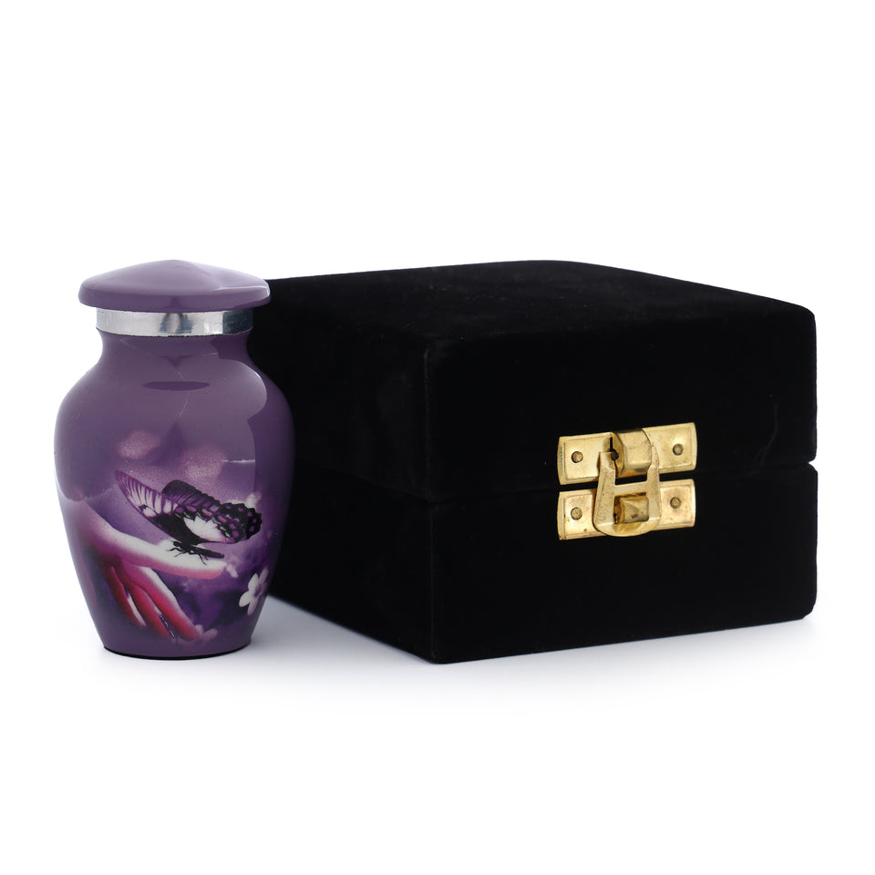 Hand Engraved Small Decorative Brass Urn with Lid – 3" Mini Keepsake Urn (Purple Butterfly)