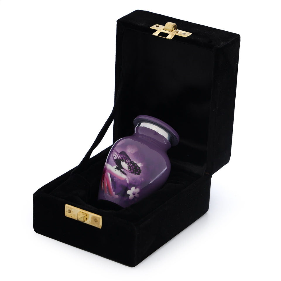Hand Engraved Small Decorative Brass Urn with Lid – 3" Mini Keepsake Urn (Purple Butterfly)