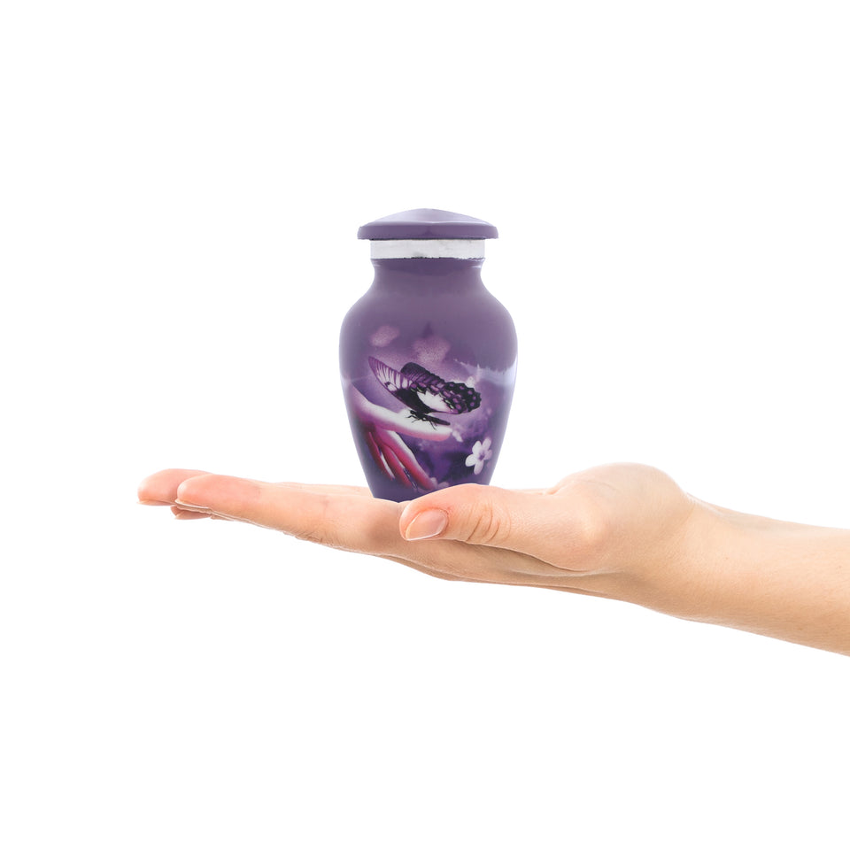 Hand Engraved Small Decorative Brass Urn with Lid – 3" Mini Keepsake Urn (Purple Butterfly)