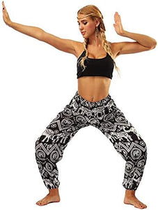 Bless International Women's Rayon Print Smocked Waist Boho Pant Harem Yoga Hippie Palazzo Summer Beach Pants