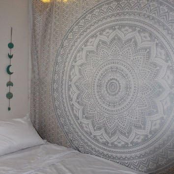 Bless International Indian Traditional Mandala Hippie Wall Hanging, Cotton Tapestry Ombre Bohemian Bedspread (Grey/Silver)