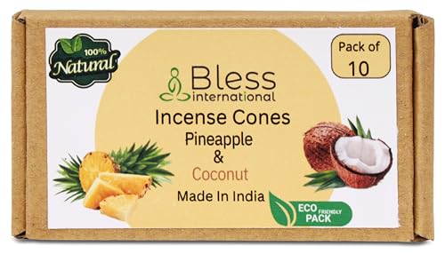 Bless-International 100%-Natural-Incense-Cones Handmade-Hand-Dipped Organic-Chemicals-Free for-Purification-Relaxation-Positivity-Yoga-Meditation (Pineapple and Coconut)