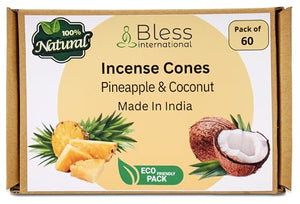 Bless-International 100%-Natural-Incense-Cones Handmade-Hand-Dipped Organic-Chemicals-Free for-Purification-Relaxation-Positivity-Yoga-Meditation (Pineapple and Coconut)