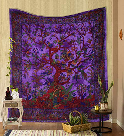 Bless international Tapestry Tree of Life Wall Hanging Psychedelic Tapestries Indian Cotton Bedspread Picnic Sheet Wall Decor Blanket Wall Art Hippie Bedroom Decor (Purple Tree of Life)